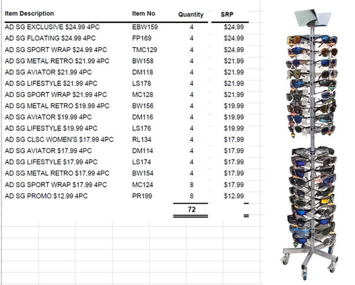 Freestanding sunglass spinner floor display stocked with 72 pairs of sunglasses for retail convenience store placement