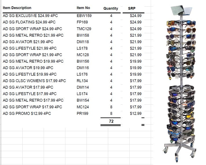 Freestanding sunglass spinner floor display stocked with 72 pairs of sunglasses for retail convenience store placement