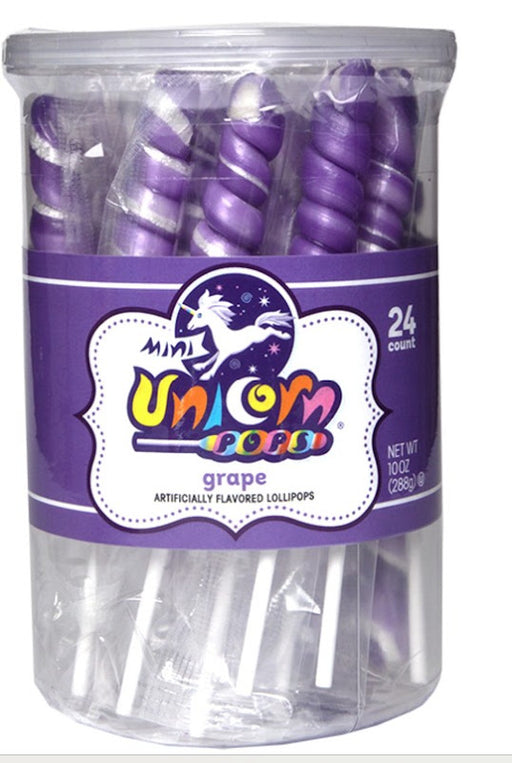 Adams & Brooks Mini Unicorn Pops in lavender and white grape-flavored swirl lollipops, 24ct tub