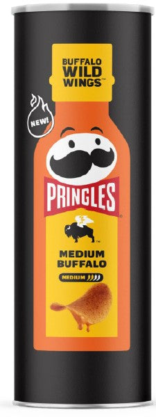 Pringles x Buffalo Wild Wings Medium Buffalo Potato Crisps 5.5 oz can with bold buffalo sauce flavor branding