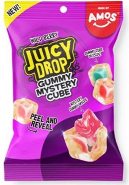 Juicy Drop Mystery Gummy Cubes Wild Berry bag with peelable strawberry outer gummy and surprise fruit-flavored animal gummy inside