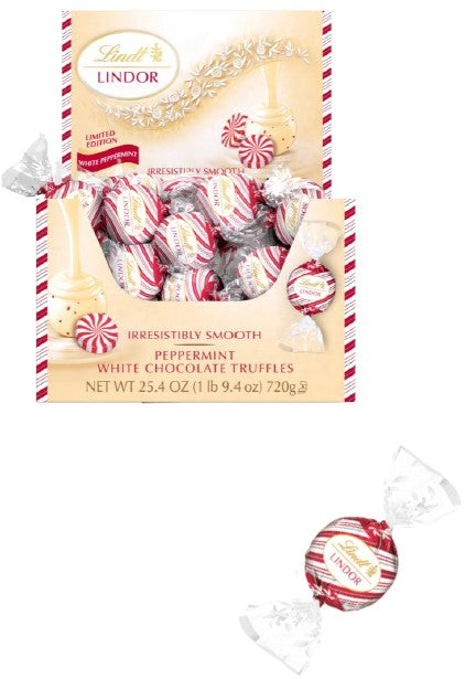 Lindt Lindor White Chocolate Peppermint Truffles individually wrapped in white and red foil