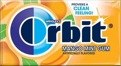 Orbit Sugar-Free Gum Mango Mint flavor, 14-piece pack, green and orange packaging