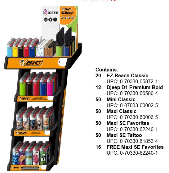 BIC Disposable Lighters 4-Tier Countertop Display 232ct wholesale retail unit front view