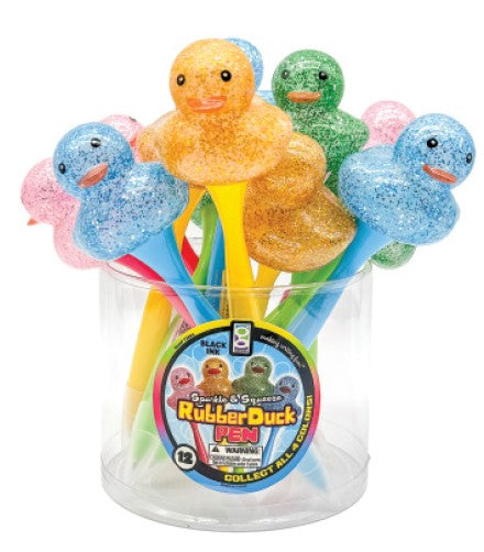 Geddes Sparkle & Squeeze Rubber Duck Pen with glittery squeezable duck topper, set of 12