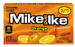 Mike and Ike Orange Candy box, chewy fruit-flavored orange candies, pre-priced convenience store candy