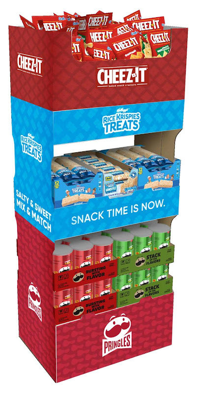 Kellanova Core Mixed Snack Shipper floor display featuring 130 assorted best-selling Kellanova snack products