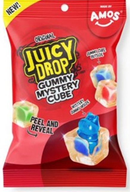 Juicy Drop Mystery Gummy Cubes Original bag with peelable strawberry gummy cube and hidden fruit-flavored animal gummy surprise