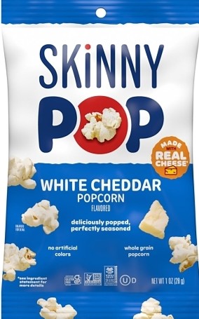 SkinnyPop White Cheddar Popcorn 1 oz single-serve bag with white cheddar seasoning