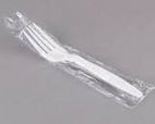 Individually wrapped disposable plastic forks for food service use in cafeterias, delis, and convenience stores