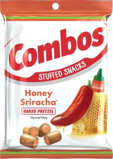 Combos Honey Sriracha Pretzel Snack 6.3 oz peg bag with sweet and spicy flavor filling