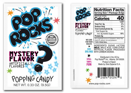 Pop Rocks Mystery Flavor limited edition popping candy .33 oz single-serve pouch with colorful mystery branding