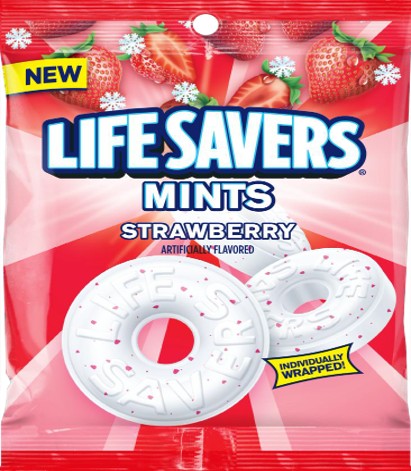 Life Savers Strawberry Pressed Mints 6.25 oz peg bag with bright red strawberry branding