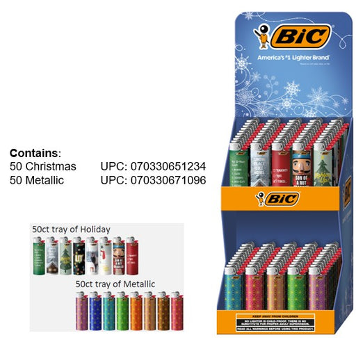 BIC 2-Tier Winter Holiday Display featuring 100 festive seasonal lighters in holiday-themed designs