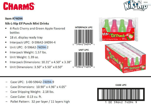 Nik-L-Nip Elf Punch Mini Drinks 4-pack featuring red and green wax bottles in cherry and green apple flavors