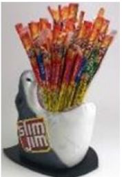 Slim Jim Giant Shark Head beef jerky sticks in novelty shark head packaging, bold smoky seasoned meat snack