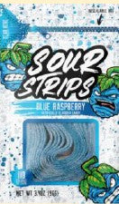 Sour Strips Blue Raspberry Candy 3.4 oz peg bag with vibrant blue raspberry flavored chewy strips