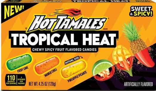 Hot Tamales Tropical Heat chewy candy theater box 4.25 oz with colorful tropical and fiery branding