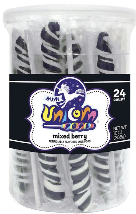 Adams Mini Unicorn Pop Black Mix Berry lollipops in a 24-count tub, unicorn-shaped candy with mixed berry flavor