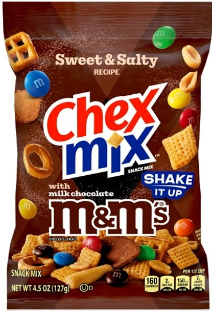 Chex Mix Indulgent with M&M's snack mix 4.5 oz peg bag, sweet and salty snack mix with colorful M&M's candies