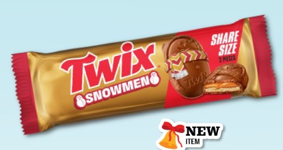 Twix Snowman King Size Caramel Cookie Bar 2.12 oz with festive holiday snowman packaging