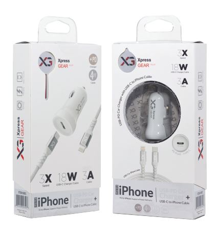 XG car charger adapter with USB-C to iPhone Lightning cable for in-vehicle charging