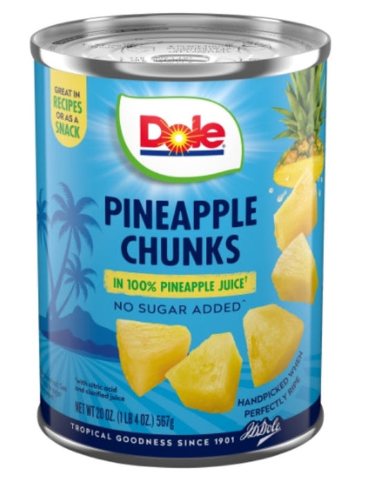 Dole Pineapple Chunks in 100% Pineapple Juice 20 oz can, tropical fruit packed in natural juice