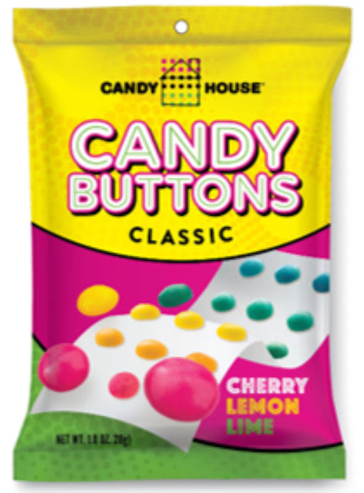 Candy Buttons colorful sugar dot candy strips on paper, classic nostalgic retro candy peg bag