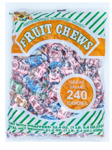 Albert's Assorted Fruit Chews 21.1 oz bag with 240 individually wrapped chewy fruit-flavored candies in assorted colors
