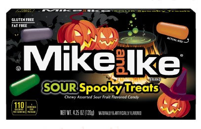 Mike and Ike Spooky Treats Halloween Theater Box 4.25 oz chewy fruit candy with festive seasonal packaging