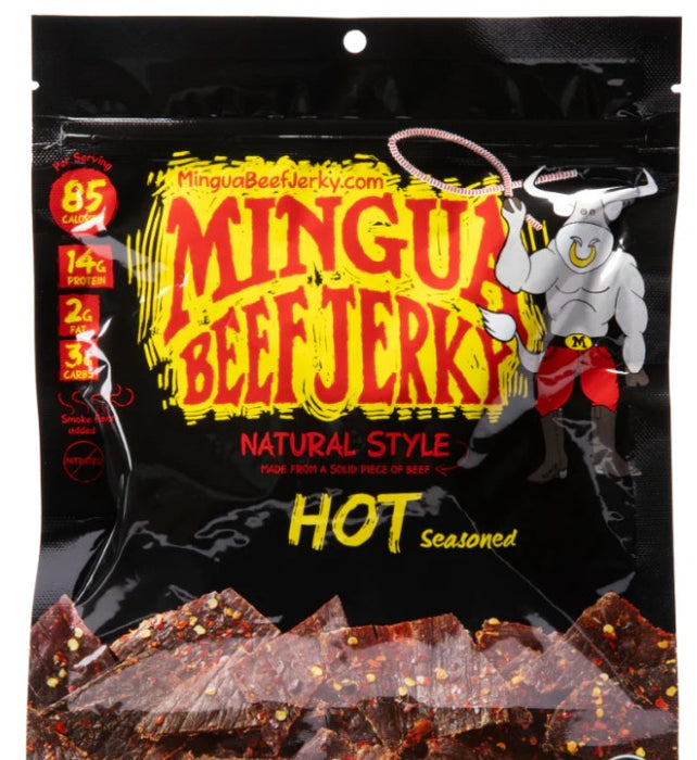 Mingua Beef Jerky Hot 3 oz bag — spicy flavored beef jerky snack