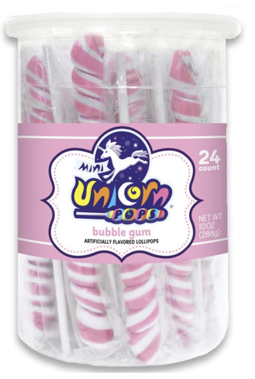 Mini Unicorn Colors Pale Pink Bubblegum Lollipops in a 24ct lift-lid display tub