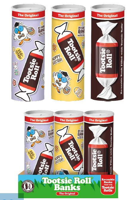 Tootsie Roll Candy Bank 5.7 oz novelty coin bank filled with classic chewy chocolate Tootsie Roll candies