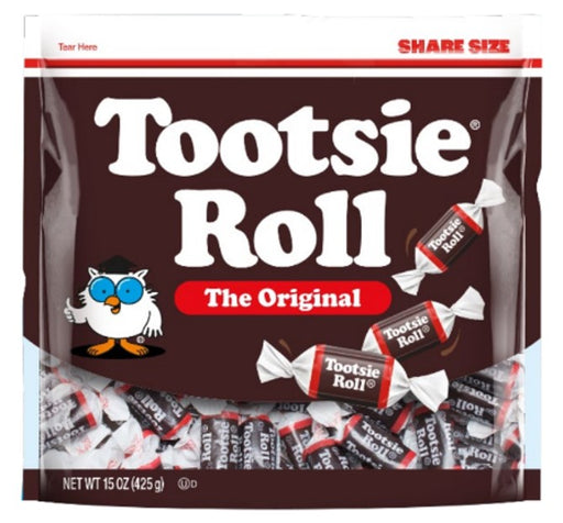 Tootsie Roll Original Chocolate Chews 15 oz supply of individually wrapped cocoa-flavored chewy candy pieces
