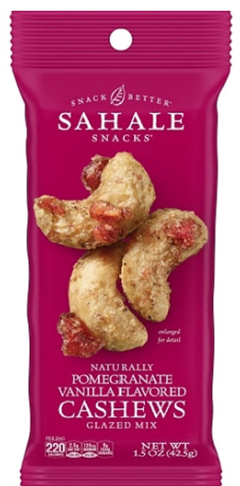 Second Nature Pomegranate Vanilla Cashews 1.5 oz peg bag with whole cashews and pomegranate vanilla flavor
