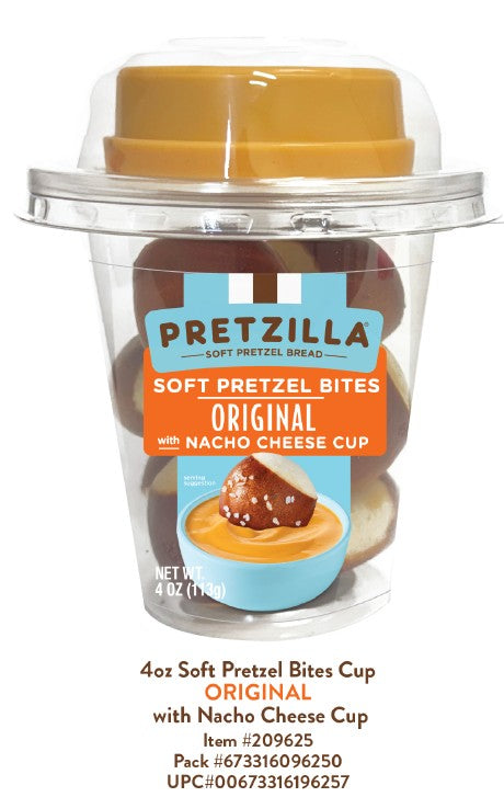 Pretzilla Pretzel Bites Nacho Cheese 4 oz cup with soft-baked pretzel bites and bold nacho cheese seasoning
