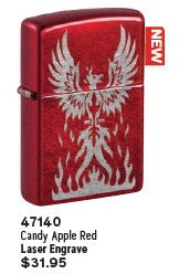 Zippo Phoenix Candy Apple Red Lighter with bold red finish and Phoenix design, windproof refillable flame