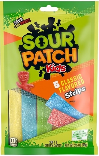 Sour Patch Kids Strips sour candy 3.5 oz peg bag with colorful fruit-flavored chewy strips