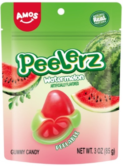 Famous Amos Peelerz Watermelon Candy 6 oz peg bag with bright watermelon-flavored peel-apart candy pieces
