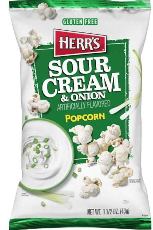 Herr's Sour Cream & Onion Popcorn 1.5 oz bag with bold seasoning and Herr's branding