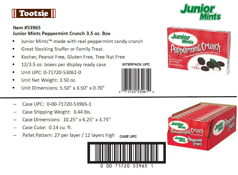 Junior Mints Peppermint Crunch Theater Box 3.5 oz — dark chocolate and peppermint crunch candy