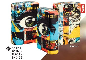 Zippo Collage Design 540 Matte Lighter with bold wraparound collage artwork and smooth matte finish
