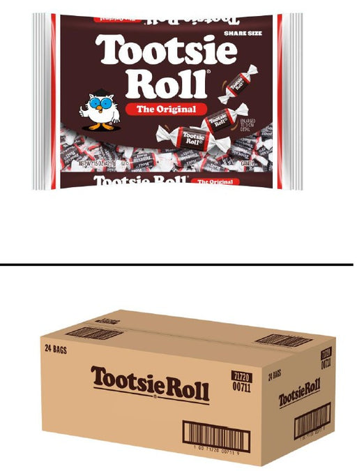 Tootsie Roll Midgees 15 oz laydown bag with individually wrapped chocolate chew candies, 25% more bonus size
