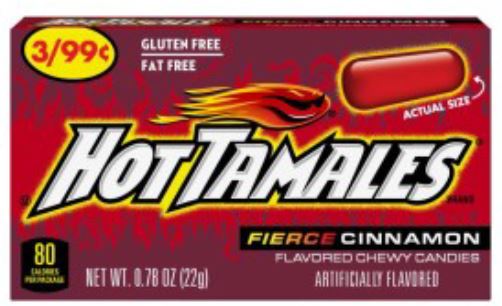 Hot Tamales Cinnamon Candy price-marked 3 for 99 cents box of 24 front packaging