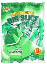 Big Slice Pops Green Apple Lollipops, two-tone green lollipops on a stick, 48 individually wrapped pieces