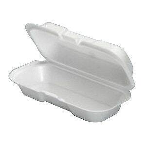 Genpak white foam hot dog container with hinged lid, 7.3 x 3.5 x 2.25 inch, one-piece carryout design