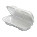 Genpak white foam hot dog container with hinged lid, 7.3 x 3.5 x 2.25 inch, one-piece carryout design