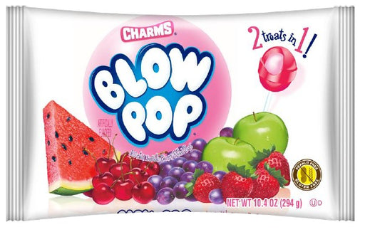 Blow Pop Assorted Lollipops 10.4 oz bag with 24 individually wrapped fruit-flavored lollipops with bubble gum center