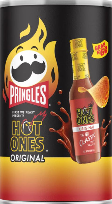 Pringles Hot Ones Original Potato Crisps 2.5 oz can with spicy Hot Ones branding