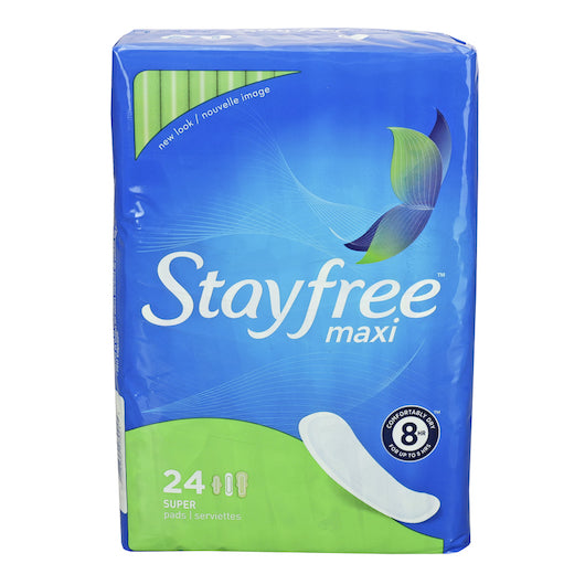 Stayfree Super Maxi Pads 24 count box, heavy-flow feminine hygiene protection